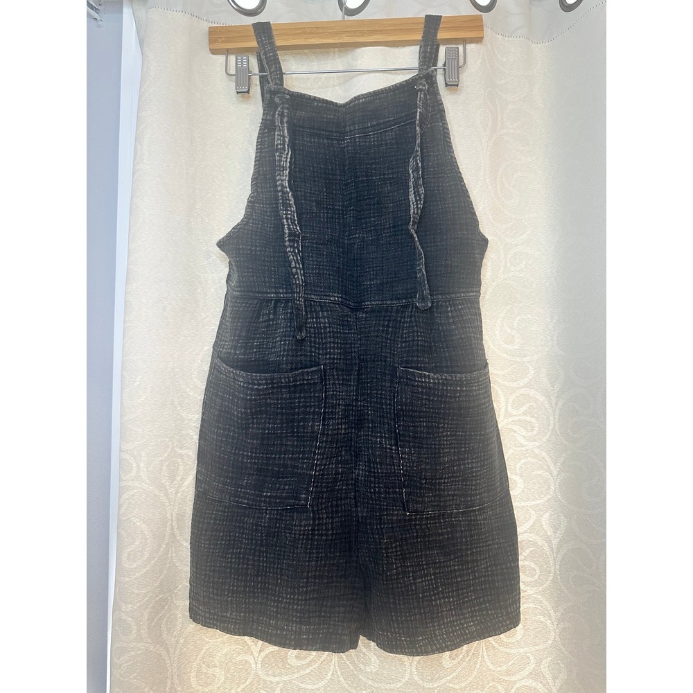 Zenana Acid Wash Black Double Gauze Tie Strap Short Overalls Romper Size S